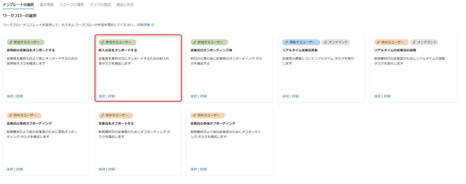 Microsoft Entra ID Governance Lifecycle Workflows を使用して、適切なシナリオに合った組み込みワークフロー テンプレートを選択します。